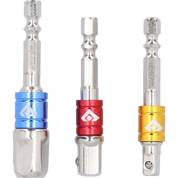 Drei Schrauberbit-Adapter mit farbigen Manschetten
