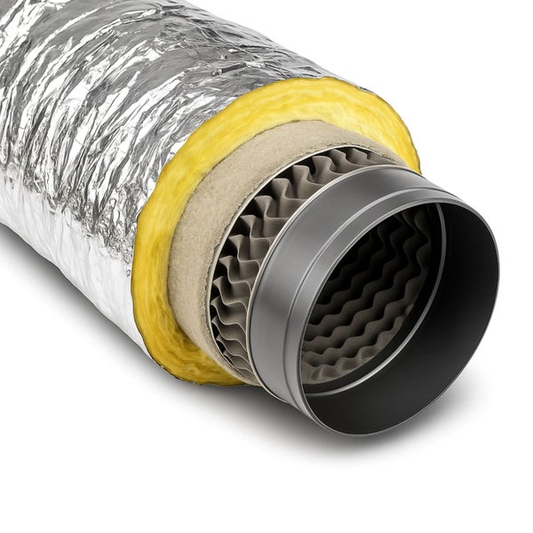 Querschnitt eines isolierten flexiblen Lüftungsschlauchs mit Aluminiumbeschichtung