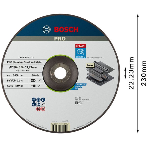Bosch PRO Stainless Steel and Metal Trennscheibe 230 x 1,9 x 22,23 mm - 2608600711