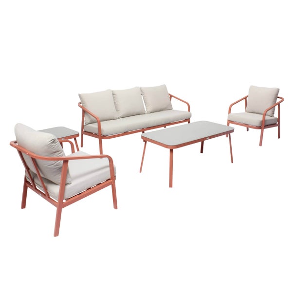 Modernes Garten-Lounge-Set aus Metall mit einem Dreisitzer-Sofa, zwei Sesseln, einem Couchtisch, einem Beistelltisch und Polsterauflagen.