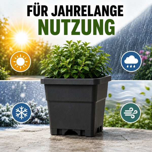 Quadratischer Pflanzkübel aus Kunststoff, witterungsbeständig gegen Sonne, Regen, Frost und Wind für eine langjährige Nutzung.