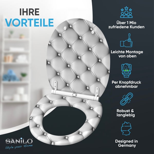 Sanilo Toilettensitz mit Knopfmontage und gestepptem Design zeigt Produktvorteile wie einfache Montage und Langlebigkeit.