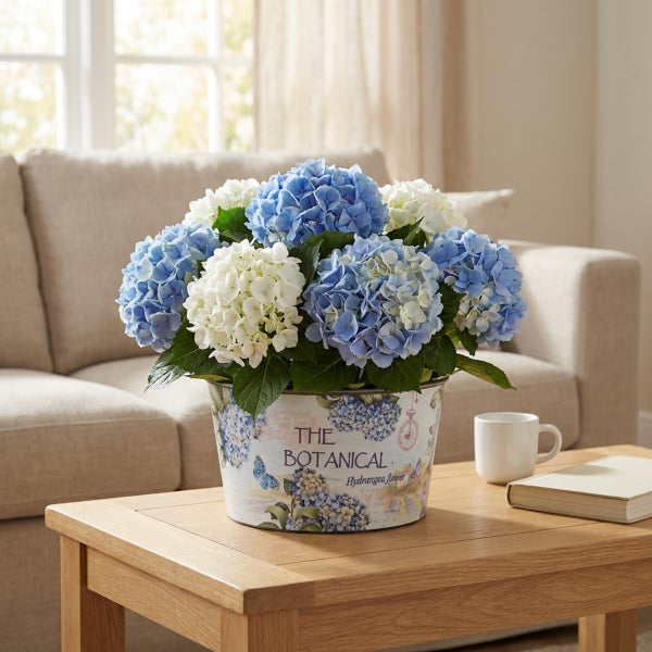 Ein Blumenstrauß aus blauen und weißen Hortensien in einem dekorativen Übertopf aus Metall mit botanischem Motiv auf einem Holztisch.