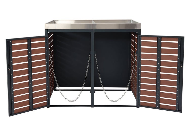 Mülltonnenbox für zwei Mülltonnen mit geöffneten Türen