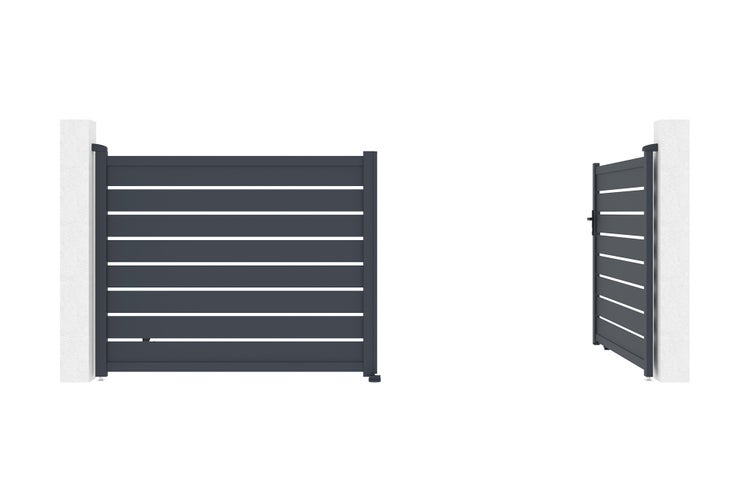 Modernes Aluminium-Gartentor in Anthrazit mit horizontalen Lamellen, Frontal- und Seitenansicht.
