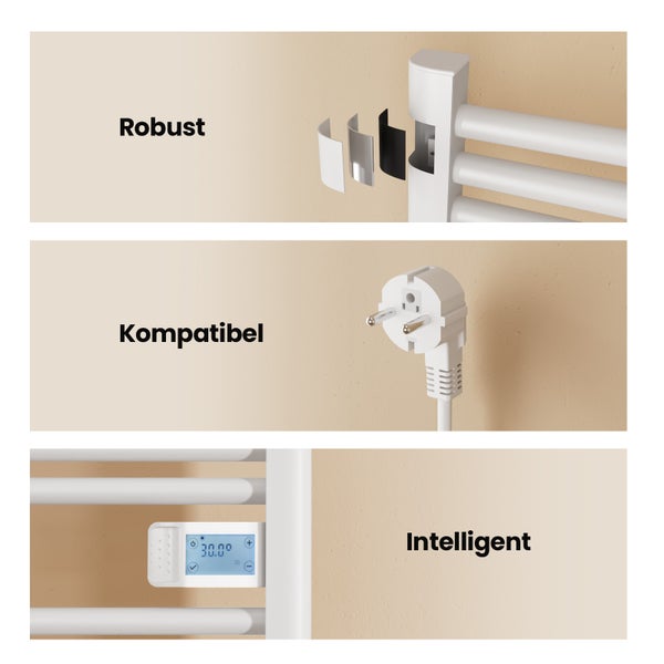 EMKE Elektrischer Handtuchheizkörper 960x540 mm, 500W Badheizkörper, LED-Digitalanzeige mit Thermostat, 7 Heizmodi, Timer, Infrarotsensor, Weiß, für Bad