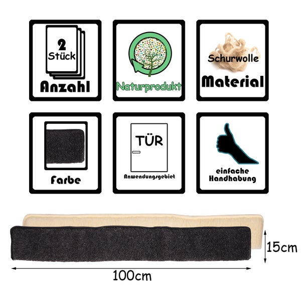 BigDean 2x Zugluftstopper für Türen 100cm - 100% Schurwolle - Anthrazit - Türluftstopper Luftzugstopper Windstopper - Made in Germany