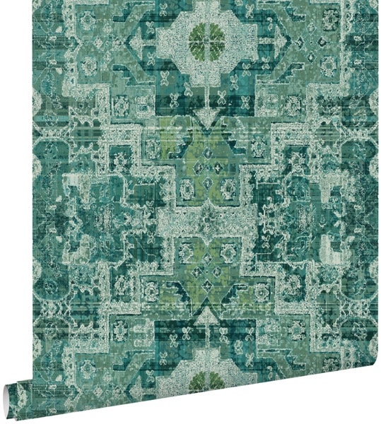 ESTAhome Tapete orientalisches Kelim-Patchwork Smaragdgrün - 53 cm x 10.05 m - 148659