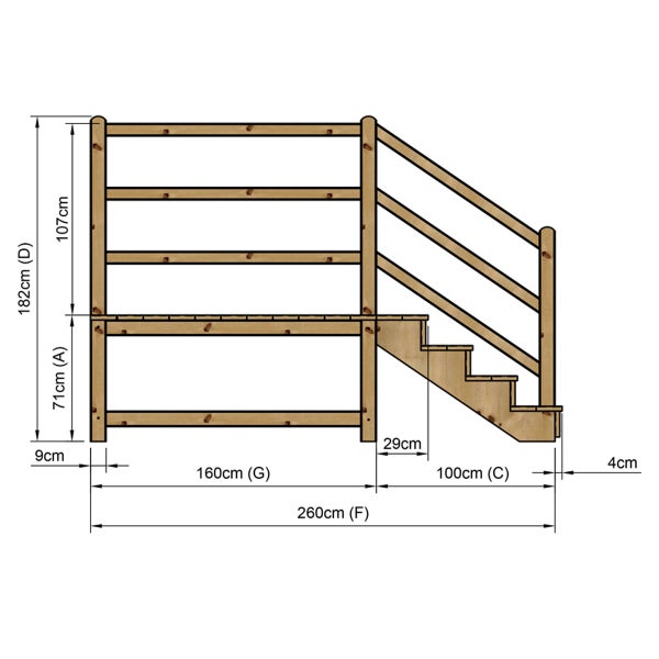 Technische Zeichnung eines Holztreppengeländers mit Maßangaben.