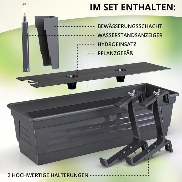 Plastard Blumenkasten 60 x 21 x17 cm Anthrazit mit Hydroeinsatz, Wasserstandsanzeiger und passender Halterung