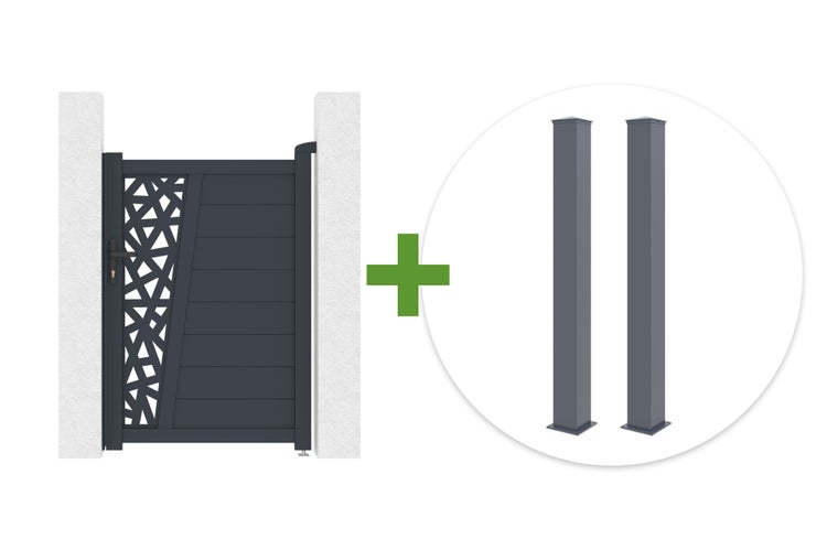 Anthrazitfarbenes Gartentor aus Aluminium mit geometrischem Dekor und zwei Zaunpfosten.