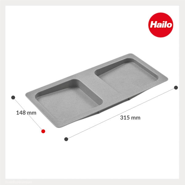 Hailo Einsatzschale aus Kunststoff mit zwei Fächern, Maße 315 Millimeter mal 148 Millimeter, Hailo Logo.