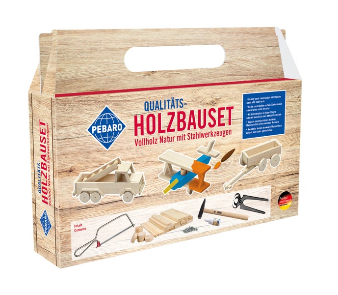 Pebaro Holzbauset für Kinder mit Vollholz und Stahlwerkzeugen in Verpackung