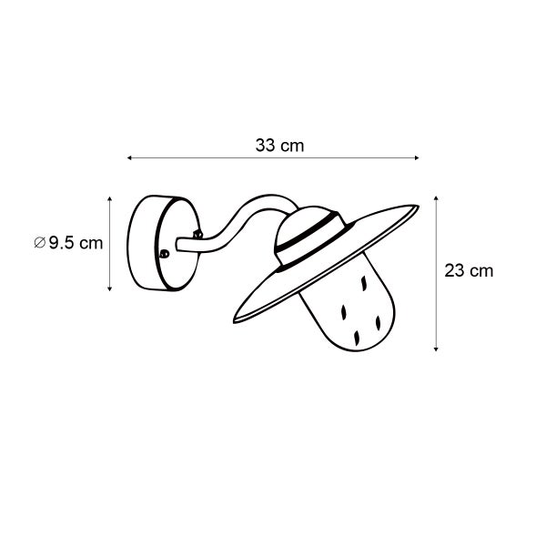 Skizze einer Außenwandleuchte mit Maßen: Tiefe 33 Zentimeter, Höhe 23 Zentimeter und Wandhalterung mit 9,5 Zentimeter Durchmesser.