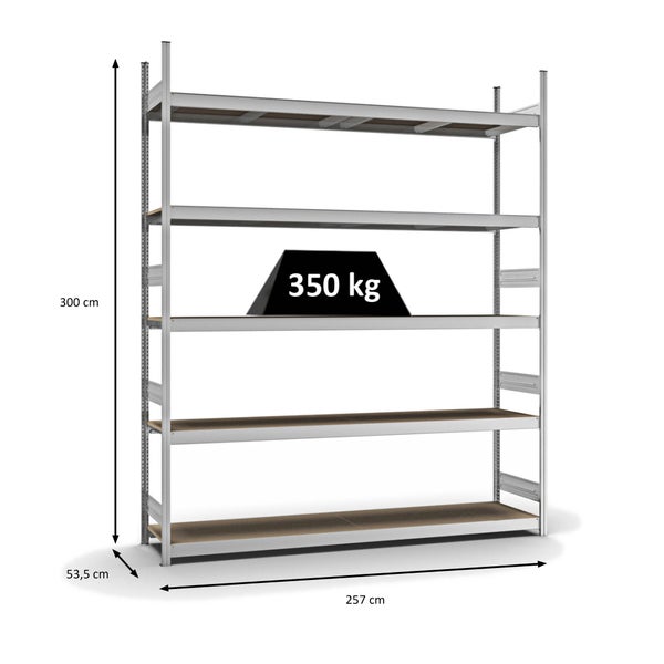 PROREGAL Weitspannregal Stecksystem T-Profil Grundregal HxBxT 300x250x50 cm 5 Ebenen Spanplatten Fachboden Fachlast 350 kg Verzinkt