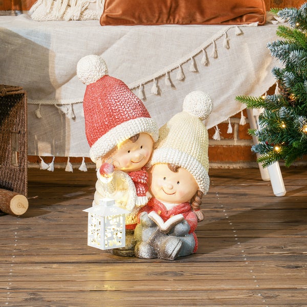 HOMCOM Weihnachtsdeko Figur, Weihnachtswichtel mit Buch und Laterne, 45 cm Weihnachtsfigur mit LED-Licht, Dekofigur zu Weihnachten, für In- und Outdoor