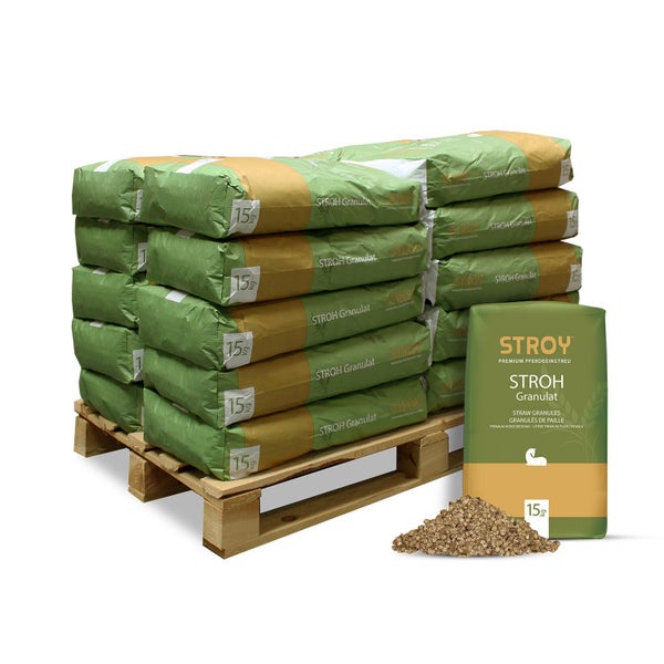 Stroy Strohgranulat 15 Kilogramm Sack auf Palette, geeignet als Pferdeeinstreu.