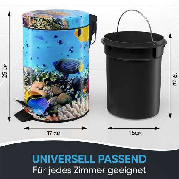 Tretmülleimer mit Unterwasser-Motiv, 25 mal 17 Zentimeter, mit herausnehmbarem Inneneimer, 19 mal 15 Zentimeter.