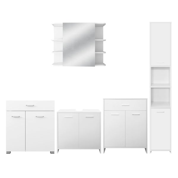ML-Design Badmöbel-Set 5-teilig Badezimmermöbel Set Badmöbel Komplettset Spiegelschrank Waschtisch mit Unterschrank Hochschrank Badezimmerschrank Wäscheschrank, Stil Modern, Weiß, Holz, viel Stauraum