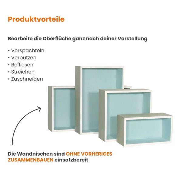 Wandnischen in verschiedenen Größen, montagefertig und individuell gestaltbar durch Befliesen, Streichen oder Verputzen.