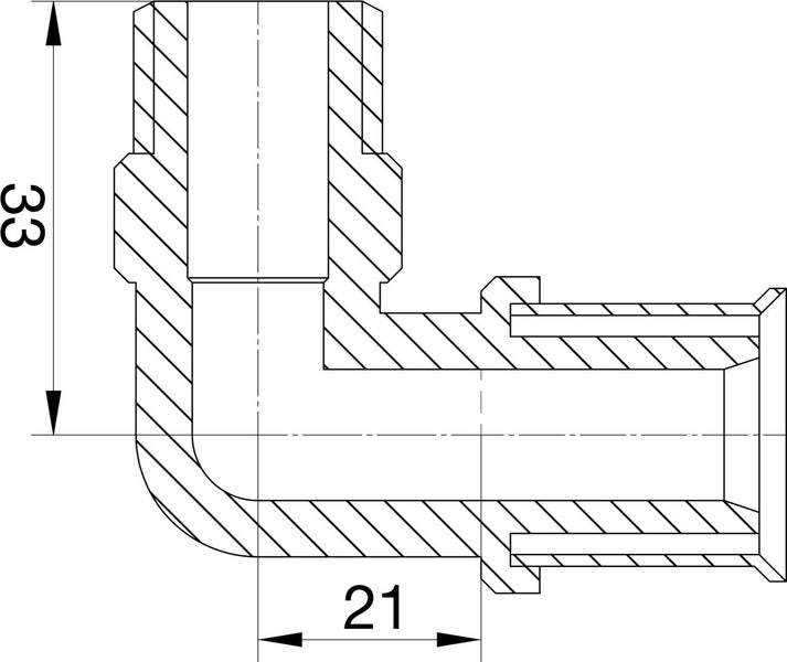 Technische Zeichnung eines 90 Grad Winkelfittings mit den Maßen 33 und 21.