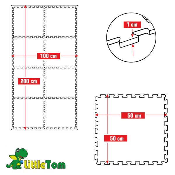 Abmessungen der LittleTom Puzzlematten: Gesamtfläche 100 mal 200 Zentimeter, Einzelmatte 50 mal 50 Zentimeter, Stärke 1 Zentimeter. LittleTom Logo.