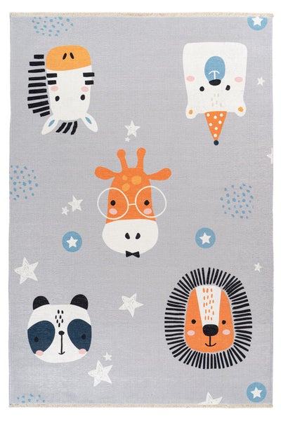 Kinderteppich mit Tiermotiven Zebra Giraffe Bär Panda und Löwe auf grauem Hintergrund