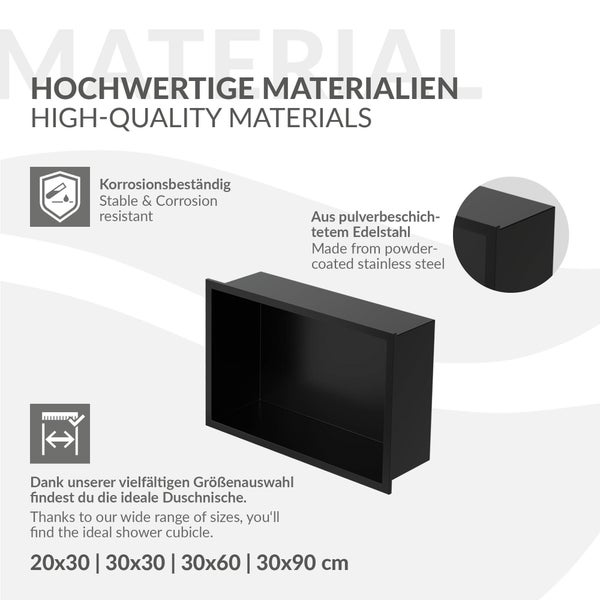 Schwarze Duschnische aus pulverbeschichtetem Edelstahl, korrosionsbeständig, erhältlich in verschiedenen Größen.