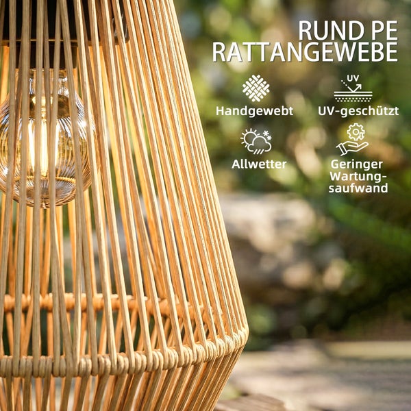 Nahaufnahme einer runden Außenleuchte aus handgewebtem Polyethylen-Rattangeflecht, ultraviolettbeständig, wetterfest und wartungsarm.