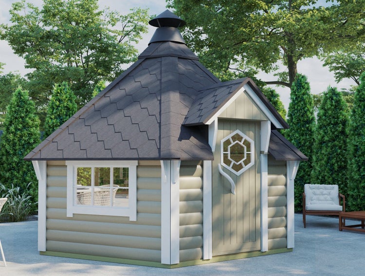 Grillkota aus Holz mit dunklem Schindeldach, weißen Fensterrahmen und Tür mit Sechseck-Fenster im skandinavischen Stil in einem Garten.