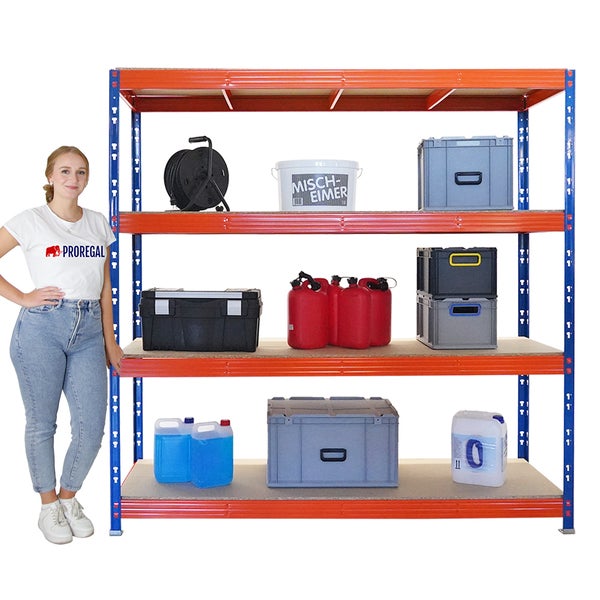 PROREGAL Mega Deal 3x Profi Schwerlastregal Rhino HxBxT 200x200x60cm 4 Spanplatten-Ebenen 16mm Fachlast 500kg Blau-Orange