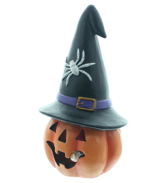Halloween-Dekoration Kürbis mit Hexenhut und Spinnenmotiv