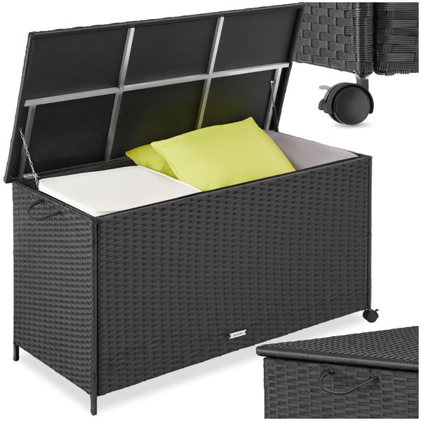 Auflagenbox aus Polyrattan von Tectake mit Rollen und Gasdruckfeder, geöffnet mit Kissen.