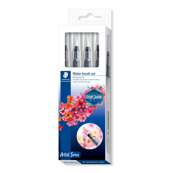 Staedtler Wasserpinsel Set mit vier verschiedenen Spitzen in einer Verpackung für künstlerische Maltechniken.