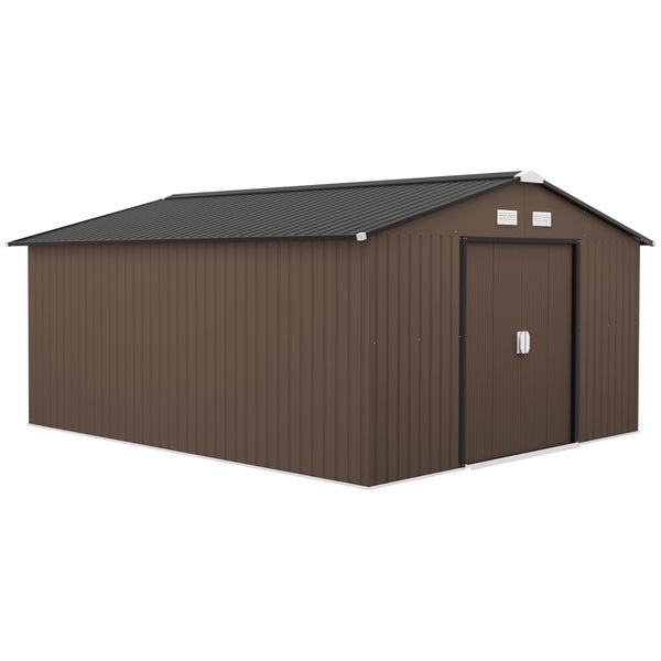 Outsunny Gerätehaus 12,4 m², Gartenhaus mit Pultdach, Schiebetür, Fundament, 386 x 340 x 200 cm, Geräteschuppen aus Verzinkter Stahl, wetterfest, für Garten, Braun