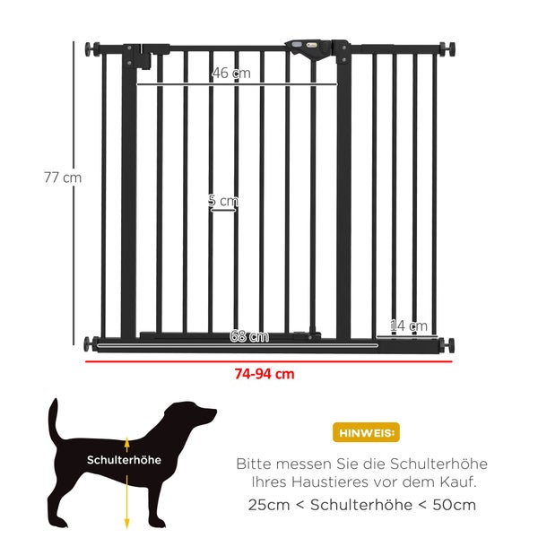 PawHut Türschutzgitter Hunde, Absperrgitter, 74-94 cm, Treppenschutzgitter für Haustier, Hundegitter inkl. Verlängerung, Schutzgitter ohne Bohren, Metall, Kunststoff, Schwarz