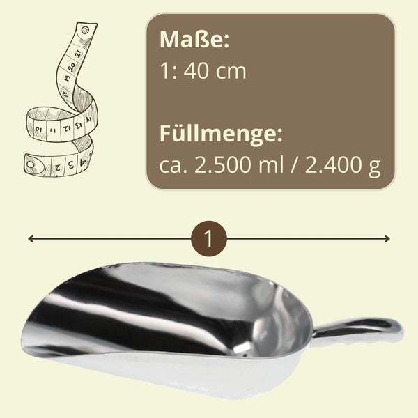 Futterschaufel aus Metall, Maße: 1 zu 40 Zentimeter, Füllmenge circa 2500 Milliliter beziehungsweise 2400 Gramm.