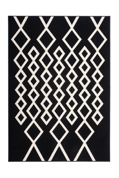 Rechteckiger Teppich mit geometrischem Rautenmuster für moderne Wohnbereiche.
