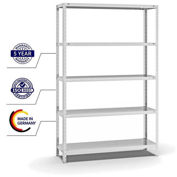 PROREGAL Fachbodenregal Schraubsystem Light-Duty Grundregal HxBxT 200 x 130 x 40 cm 5 Ebenen Fachlast 125 kg Beidseitig Nutzbar Lichtgrau