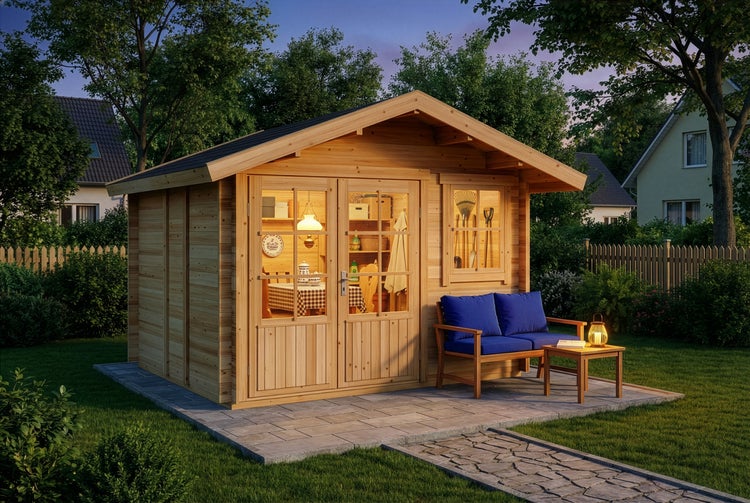 Organisiertes Gartenhaus aus Holz mit Satteldach, hell beleuchteter Doppeltür und Fenster auf einer Steinterrasse im Garten bei Dämmerung.