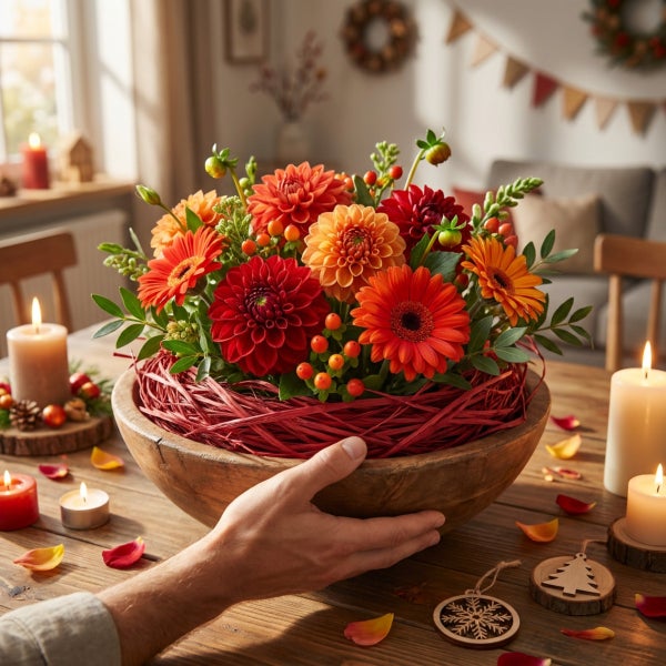 Herbstliches Blumenarrangement mit Dahlien und Gerbera in einer Holzschale auf einem Holztisch mit Kerzen dekoriert.
