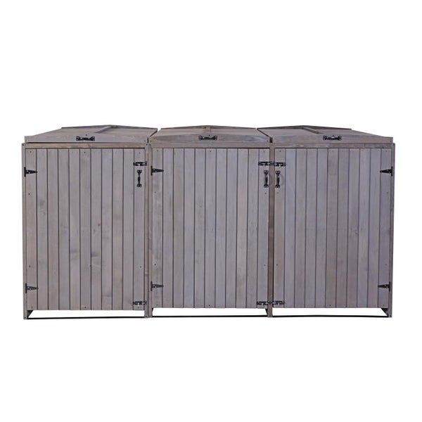 Drei Mülltonnenboxen aus Holz mit Deckel und Tür