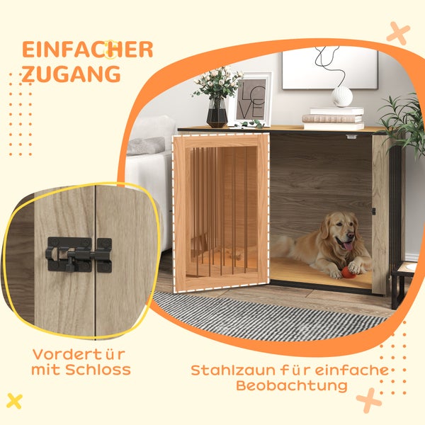 Moderner Hundekäfig als Möbelstück in Holzoptik mit Stahlstäben und verriegelbarer Vordertür, Golden Retriever liegt im hellen Innenraum.