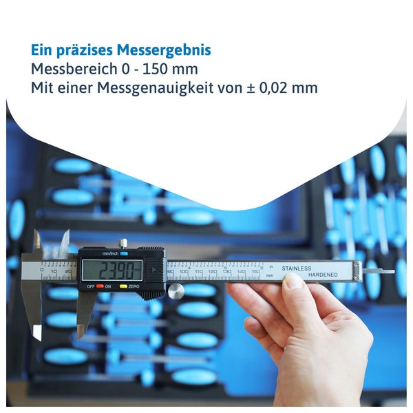 Digitaler Messschieber aus gehärtetem rostfreiem Stahl, Messbereich 0 bis 150 Millimeter mit einer Genauigkeit von plus minus 0,02 Millimeter.