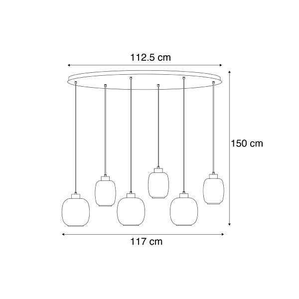 Abmessungen Pendelleuchte: oben einhundertzwölf Komma fünf Zentimeter, unten einhundertsiebzehn Zentimeter, Höhe einhundertfünfzig Zentimeter.