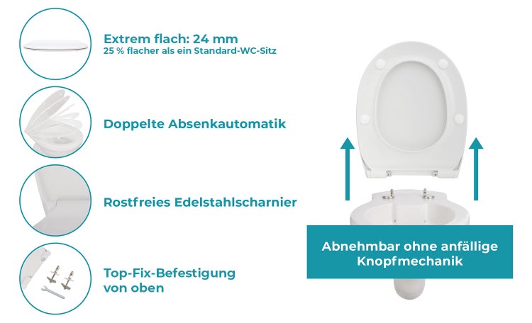 Calmwaters® Flacher WC-Sitz mit Absenkautomatik, Slim, antibakterieller Duroplast Toilettensitz, Edelstahl-Scharniere, Abnehmbar, extraflacher WC-Deckel, Standard O-Form, 26LP3163