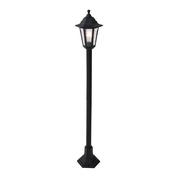 Klassische schwarze Außen-Mastleuchte in Laternenform mit strukturierten Glaseinsätzen.
