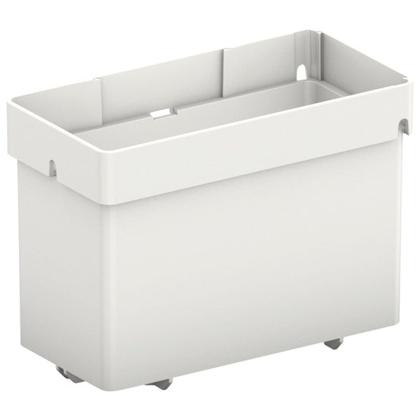 Weißer Aufbewahrungsbehälter aus Kunststoff für Schubladen oder Regalsysteme.