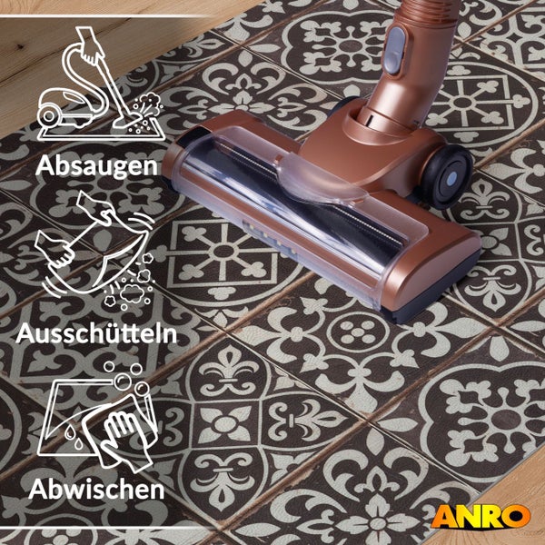 Staubsaugerdüse auf einer gemusterten Bodenmatte. Geeignet zum Absaugen, Ausschütteln und Abwischen. ANRO Logo.