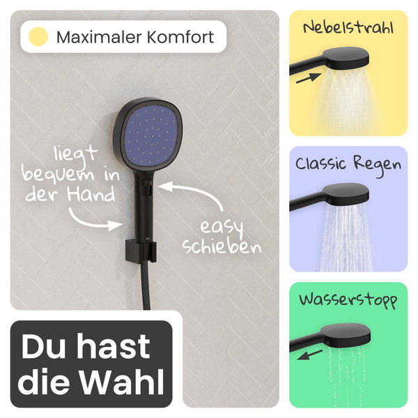 Schwarze Handbrause mit verschiedenen Strahlarten wie Nebelstrahl, klassischer Regen und integrierter Wasserstopp-Funktion per Schieberegler.